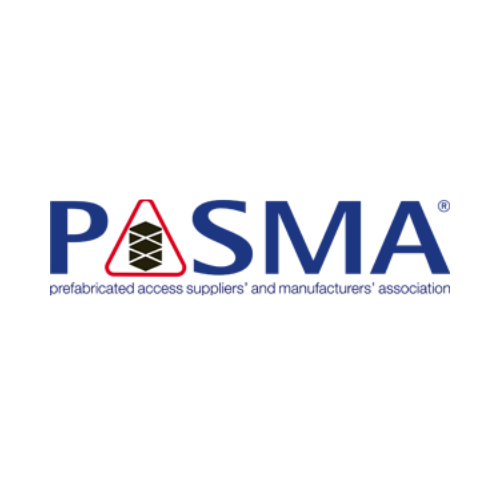 Logo for PASMA, the Prefabricated Access Suppliers' and Manufacturers' Association, featuring "PASMA" with a triangle and scaffold design inside the "A," reflecting precision akin to a dry lining contractor’s expertise.