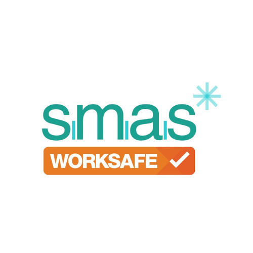 Logo of SMAS Worksafe, featuring the text "smas" in teal with an asterisk and "WORKSAFE" in white on an orange rectangle with a checkmark, reflecting their commitment to safety standards in projects like office fit-outs, carpentry, and partitioning.