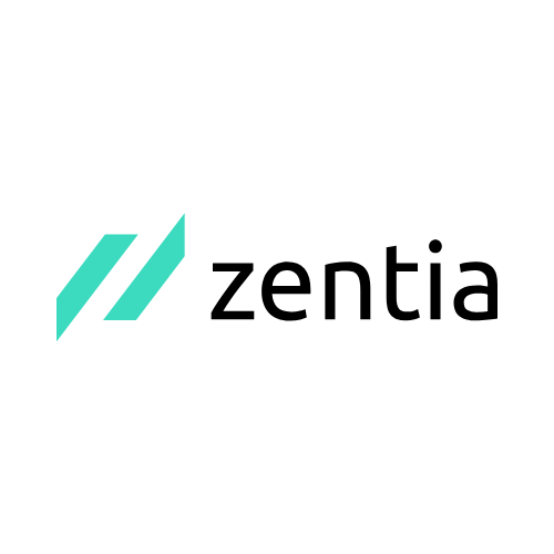 The image showcases the "zentia" logo, featuring lowercase black lettering. To the left, a turquoise geometric shape resembling a stylized checkmark adds flair. This sleek design touches on expertise akin to that of a skilled dry lining contractor. The background remains crisp white.