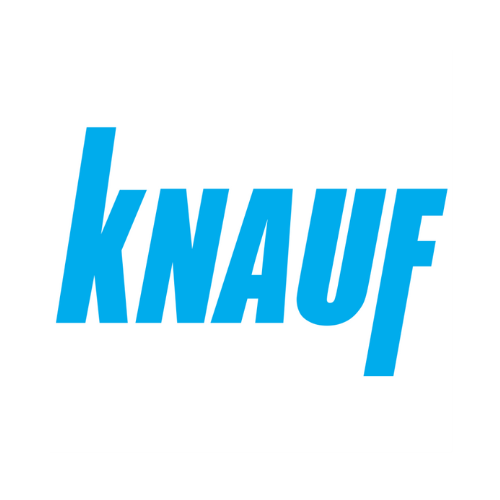 The image presents the Knauf logo, with "KNAUF" in bold, blue uppercase letters featuring a distinctive forward-slanting style, reminiscent of precision craftsmanship in carpentry. This striking design is set against a plain white background.