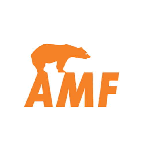 Orange silhouette of a bear walking on all fours above the bold orange letters "AMF," reminiscent of the craftsmanship in carpentry, all set against a white background.