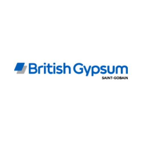 Logo of British Gypsum. It features the text "British Gypsum" in blue with a small blue and grey abstract design to the left, symbolizing their expertise in partitioning solutions. Below, in smaller letters, is "SAINT-GOBAIN." The background is white.