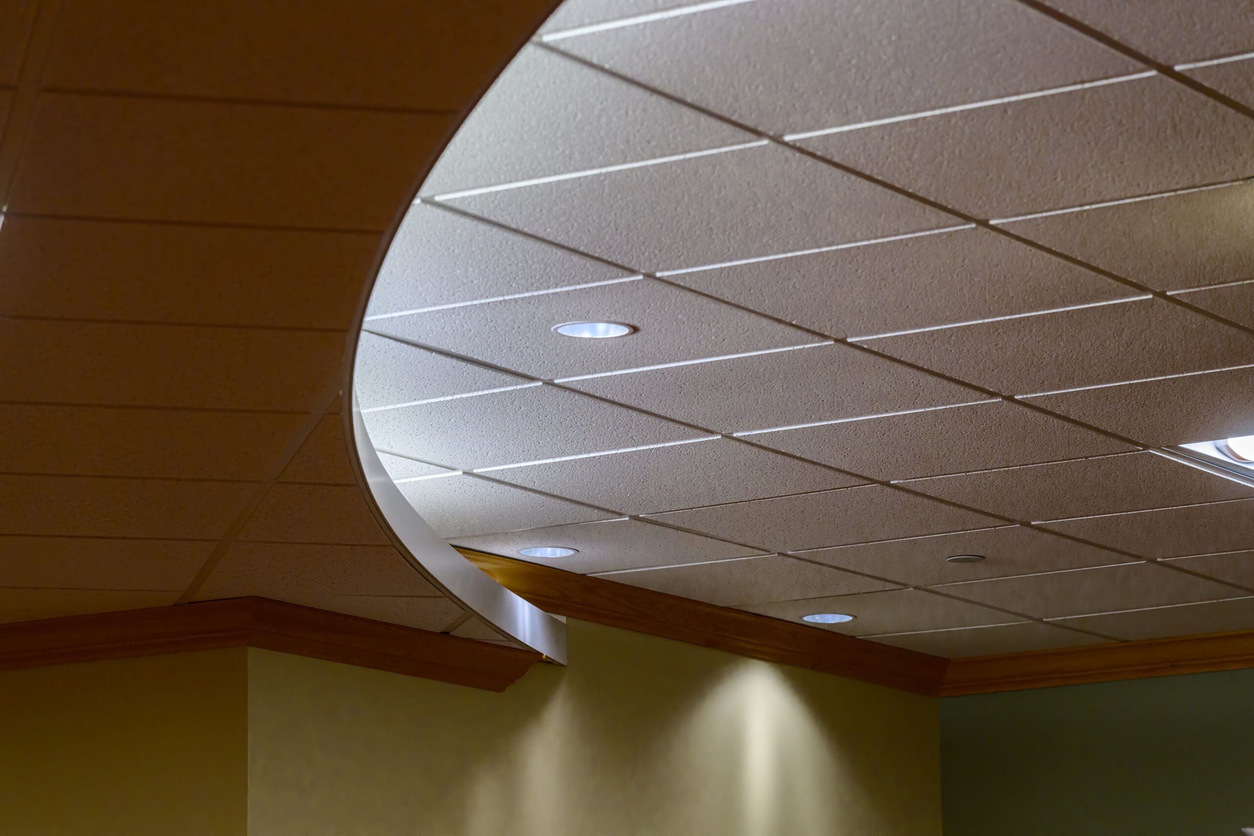 View of a modern ceiling featuring a drop-down section with recessed lighting and wooden trim, showcasing expert carpentry. The tiles are arranged in a grid pattern, adding texture to the smooth architecture.