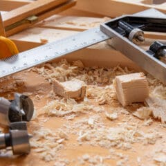 Woodworking tools on a workbench with wood shavings and hints of partitioning accessories. A metal square ruler, carpenter's square, drill bits, and a wooden vise are visible amid small wood chips and pieces.