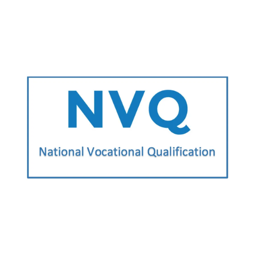 The NVQ logo features "NVQ" in bold blue, symbolizing mastery in fields like carpentry. Below, "National Vocational Qualification" appears in a smaller font, all enclosed by a thin blue border on a pristine white background.