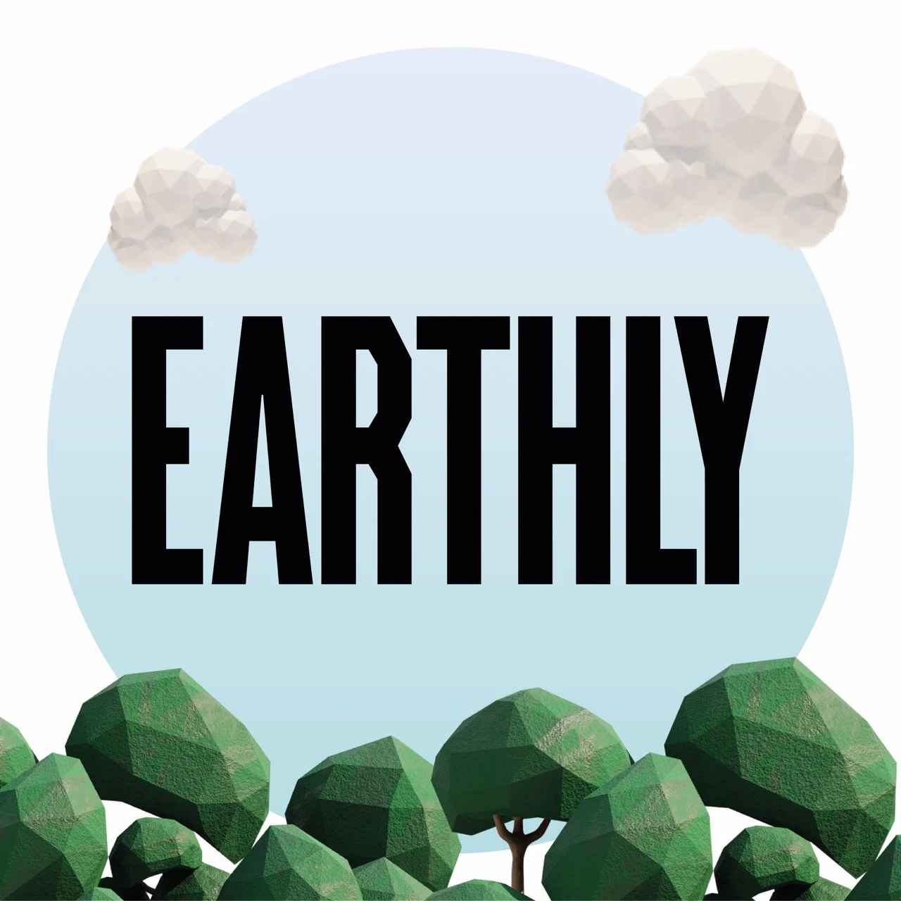 A 3D illustration features the word "EARTHLY" in bold black letters against a blue circular background. White clouds float above like suspended ceilings, while green low-poly style trees line the bottom, bringing an office fit-out charm to nature’s partitioning.